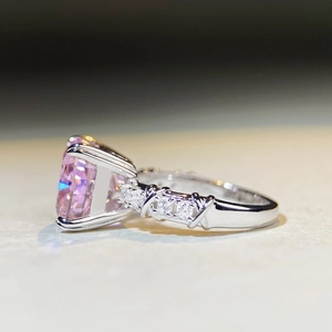 Pink cushion cut diamond ring with S925 silver crossover band and sparkling accents