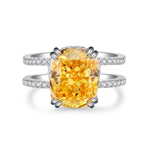 Luxurious S925 silver ring featuring a radiant yellow cushion-cut center stone and pave band