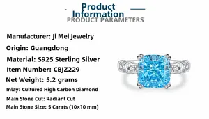 Macro detail of S925 silver ring featuring a 5ct radiant cut blue carbon diamond stone
