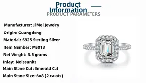 Detail of 2ct emerald cut moissanite ring with S925 sterling silver halo setting