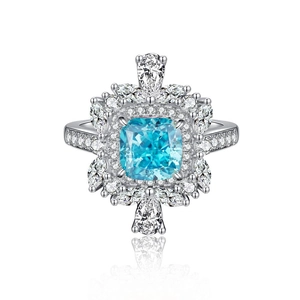 Bague luxueuse en argent S925 avec pierre bleue et grappe de fleurs en zircon