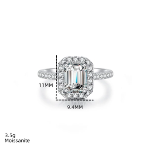 Detailed view of emerald cut moissanite ring with dimensions 11mm x 9.4mm and 3.5g weight