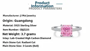 Detail of 3ct radiant cut pink carbon diamond on S925 sterling silver ring band