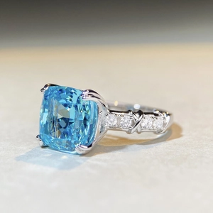 S925 silver cushion cut aquamarine ring with side diamonds and twisted rope band