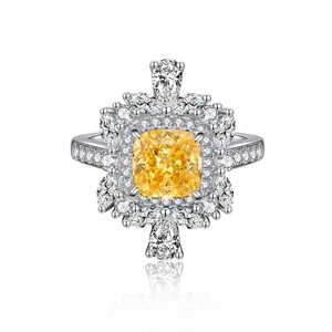 Princess cut yellow carbon diamond snowflake ring in S925 silver with platinum plating