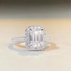 S925 Sterling Silver Emerald Radiant Cut Moissanite Wedding Ring Halo Engagement Band Luxurious Fashion Jewelry For Women