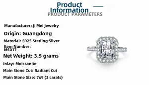 Détail d'une bague en argent S925 avec moissanite taille radiant 3ct et anneau pavé