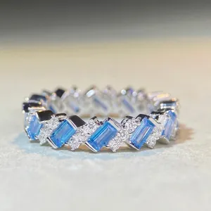 Authentic 925 Sterling Silver Zirconia Ring Elegant Rectangular Gemstone Pave Eternity Band High End Jewelry For Women