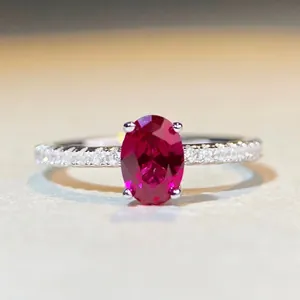 Elegant 925 Sterling Silver Oval Red Gemstone Rhinestone Ring For Women Fashion Inlaid Wedding Engagement Party Jewelry