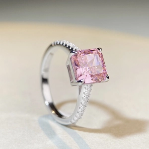 Elegant S925 silver ring featuring a large square pink gemstone with brilliant side stones