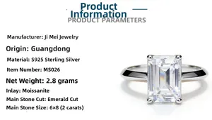 Detail of 2 carat emerald cut moissanite ring in S925 sterling silver, 2.8g weight