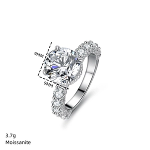 Macro detail of 3ct 9mm moissanite ring showing precise dimensions and 3.7g weight