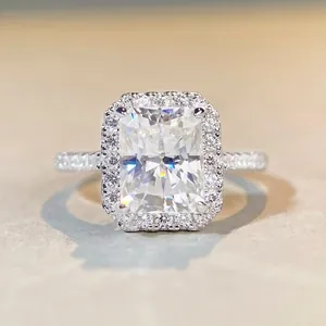 Bague en Argent Sterling 925 Moissanite Taille Radiant 3 Carats Halo Carré Mariage Fiançailles Bijoux de Luxe Pour Femme