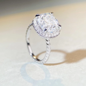 5 carat cushion cut moissanite ring in S925 sterling silver with halo and pavé band