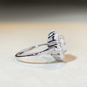 Elegant 1 carat Moissanite ring in S925 sterling silver with a halo cluster side view