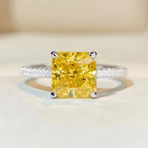 925 Sterling Silver Radiant Cut Zirconia Ring Elegant Gold Plated Geometric Square Yellow Blue Pink Clear Stone Ring Fashion Jewelry Women