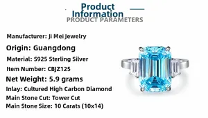 Detail of 10-carat aquamarine emerald-cut silver ring showing dimensions and weight