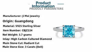 Detailed specs for 3ct radiant cut blue zircon ring in S925 sterling silver