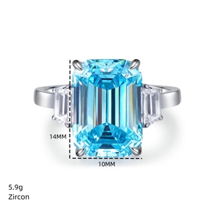 Macro view of 14x10mm emerald cut blue zircon ring with silver finish and dimensions
