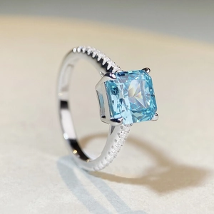 Luxurious S925 sterling silver ring with large square blue zircon and pavé setting