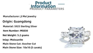 Detail view of 5ct Asscher cut Moissanite ring specs with S925 sterling silver band