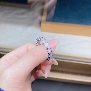 Macro shot of 925 sterling silver eternity band with staggered zircon pavé setting