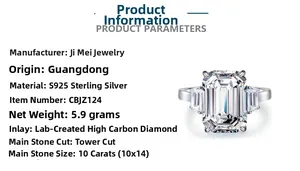 Detailed view of 10ct emerald cut high carbon diamond set in S925 sterling silver ring