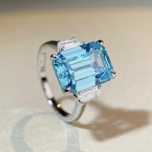 Three-stone aquamarine style square ring in 925 sterling silver with side zircons