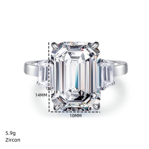 Detail of 14x10mm emerald cut zircon ring showing dimensions and 5.9g weight specifications