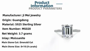 Detailed specs of 4ct emerald cut moissanite ring in 925 sterling silver setting