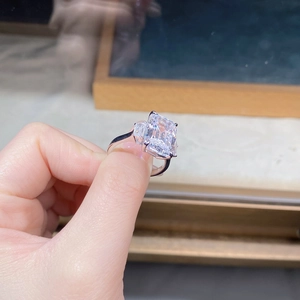 Detail view of emerald cut cubic zirconia ring with S925 sterling silver hallmark engraving