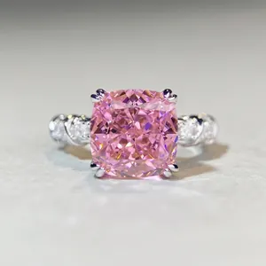 925 Sterling Silver Cushion Cut Zirconia Ring Elegant Twisted Band Pink Gemstone Engagement Finger Ring For Women