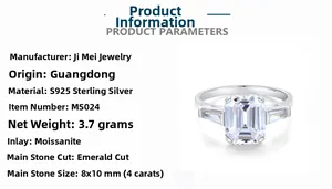 Detail view of 4 carat emerald cut moissanite ring in S925 silver with 8x10mm stone specs