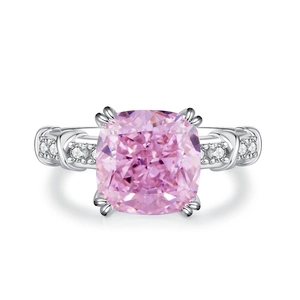 Pink cushion cut diamond ring with S925 silver crossover band in four-prong setting