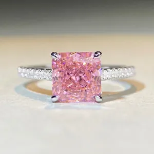 925 Sterling Silver Radiant Cut Pink Rhinestone Ring Fashion Four Claw Square Jewelry For Women Engagement Party Finger Ring