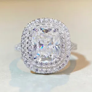 Luxury 925 Sterling Silver Moissanite Ring For Women Double Halo Cushion Cut Radiant Engagement Ring Inlaid Fine Jewelry Gift