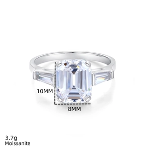 Macro shot of 4-carat emerald cut moissanite ring with 10x8mm stone in S925 silver
