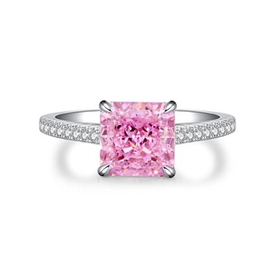 S925 silver pink high carbon diamond ring with classic four-prong setting and pavé accents