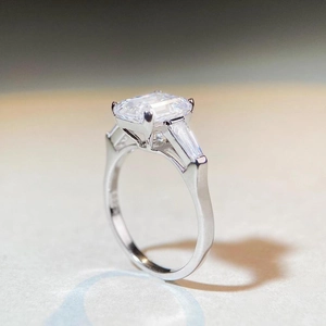 Classic emerald cut 4-carat moissanite ring in S925 sterling silver three-stone setting