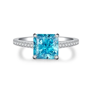 Luxurious S925 silver ring with radiant-cut blue zircon and four-prong pavé setting