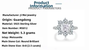 Détails d'une bague moissanite 2,5ct taille radiant avec paramètres en argent 925 massif