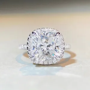 Elegant 925 Sterling Silver Moissanite Ring For Women Cushion Cut Halo Inlaid Geometric Luxury Engagement Wedding Jewelry