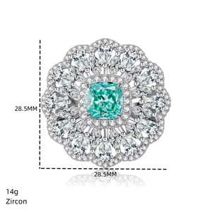 Detail view of flower-shaped silver ring with mint green zircon and dimensions text