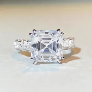 Luxurious 925 Sterling Silver Asscher Cut Moissanite Ring Square Geometric Inlaid Finger Ring For Women Wedding Party Elegant Fine Jewelry