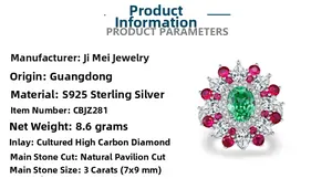 Détail macro de la bague en argent S925 avec pierre verte 3ct et accents diamantés