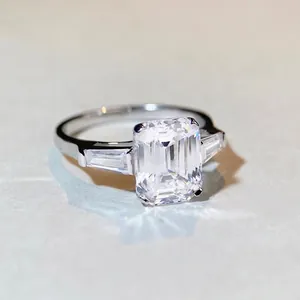 925 Sterling Silver Moissanite Engagement Ring For Women Emerald Cut Radiant Cut Three Stone Rectangle Zirconia Statement Ring
