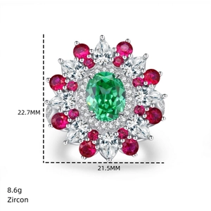 Détails de la bague fleur de luxe avec dimensions 22,7 mm et poids de 8,6 g indiqués