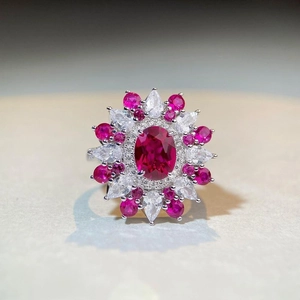 Luxurious S925 silver flower ring with large oval red gemstone and white zircon clusters