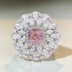 Exquisite S925 silver ring featuring a square pink diamond and marquise floral halo