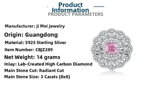 Détail macro bague en argent S925 avec diamant rose 3ct taille radiant de haute qualité